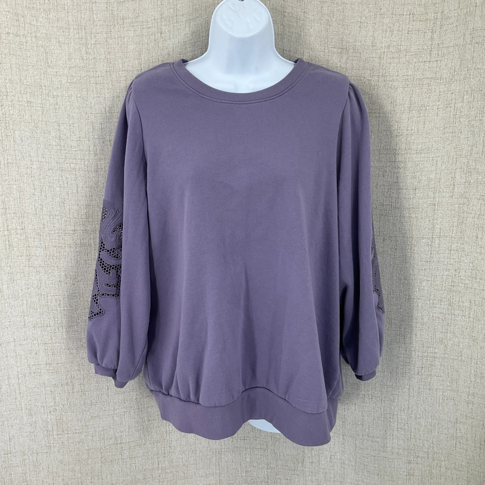 Torrid Sweatshirt Womens L Purple Eyelet Embroidered Sleeve Puff Shoulder Fleece